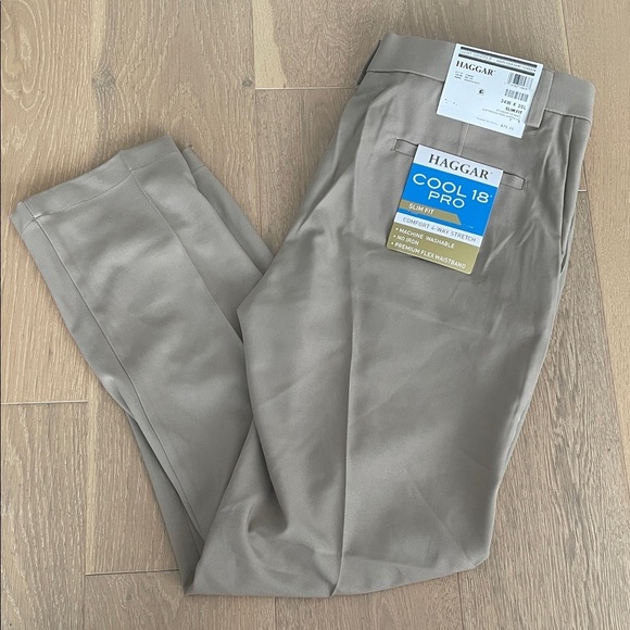 Haggar Men's Slim Fit Stretch Cool Pro 18 Tan Chino Dress Pants - Picture 3 of 8